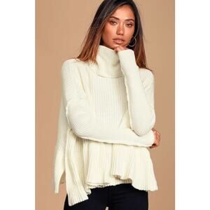 Free People Layer Cake White Cowl Neck Peplum Ruffle Sweater Sz S Knit